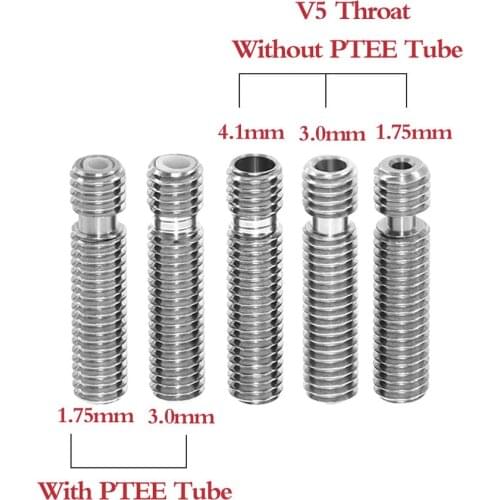 5Pcs 3D part V5 Stainless Steel Throat WITH PTFE 1.75/3/4.1mm Thread Hot End Filament 3D Printer Part All Metal WithPTFE tube