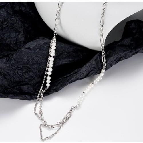 Amaiyllis S925 Sterling Silver Fashion Double Necklace Handmade Baroque Pearl Sweater Chain Necklace Jewelry Gift