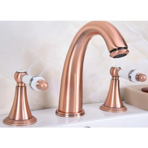 Antique Red Copper Deck Mounted Bathroom Sink Faucet Widespread Ceramics Handles 3 Holes Basin Mixer Tap zrg070