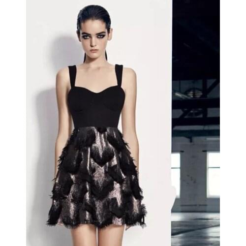 Black Flowing Feather Spaghetti Strap A Line Star Embellished Cold Shoulder Patchwork Bandage Mini Dress