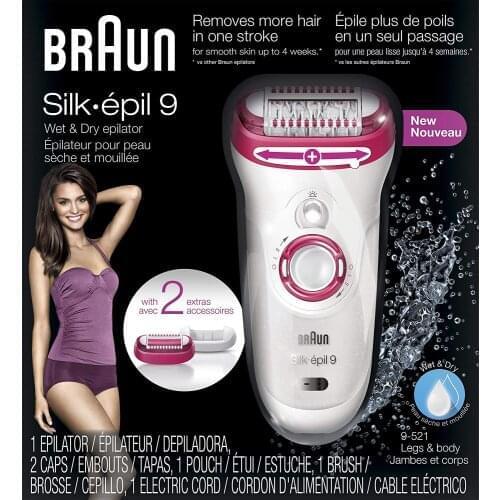 Braun epilator silk-epil 9 9-521, hair removal for women, wet and dry, cordless and 2 extra depilatory wax, bodysuit women