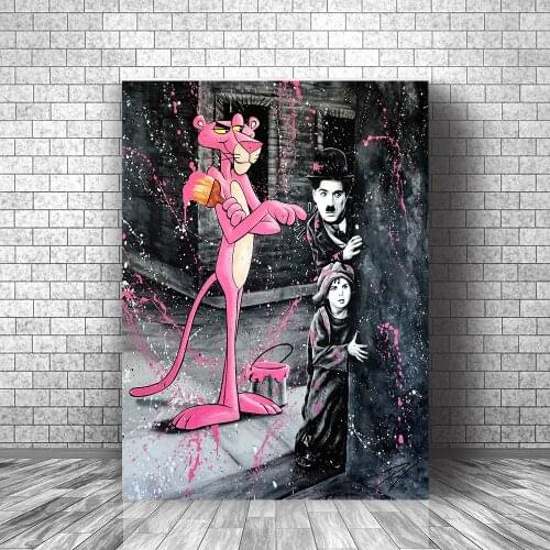 Pink Panther Hiding Graffiti Art Paintings Print on Canvas Art Posters and Prints Black And White Street Art Pictures Home Decor