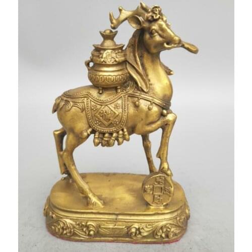 Chinese Exquisite carving brass Sika deer wealth statue