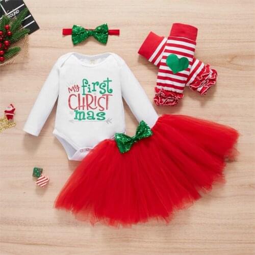 My First Christmas Clothes Letter Printed Romper + Yarn Skirt + Headdress and Leg Warmers 4 Piece Set for Baby Girls 0-12 Months