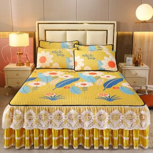 3pcs Set Summer Cool Ice Silk Latex Quilted Bed Skirt, Removable Zipper Bedspread Super Soft Bed Skirt Included 2pcs Pillowcase
