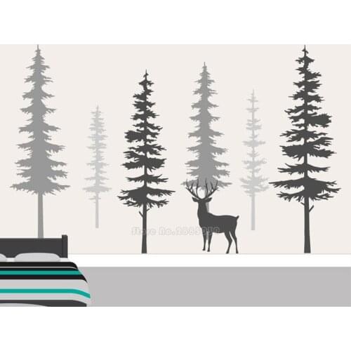 Cute Woodland Pine Tree Wall Decals Nursery Art Decor Forest Elk Vinyl Wall Stickers Kids Bedroom Nature Decor Wallpaper LL2086