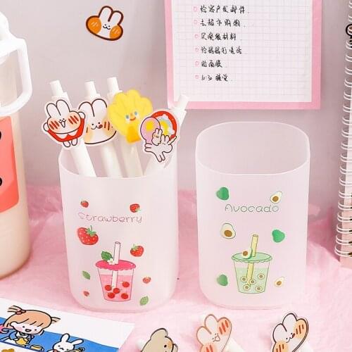 Cute Fruit Flower Transparent Frosted Pen Holder Desk Organizer Students Supplies Plastic Square Pencil Holders Gifts Stationery