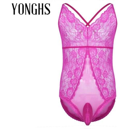 Mens Sheer Sissy Crossdressing Lingerie Sex Costume Floral Lace No Pad Hot Bra Sissy Pouch Gay Bodysuit Sexy Nightwear Sleepwear