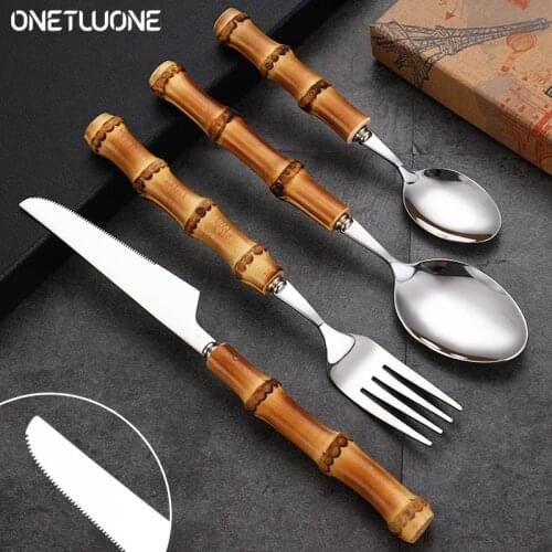 Tableware With Bamboo Handle,With Steak Knives Cutlery Stainless Steel Flatware Cutlery,Set Includes Forks Spoons Knives
