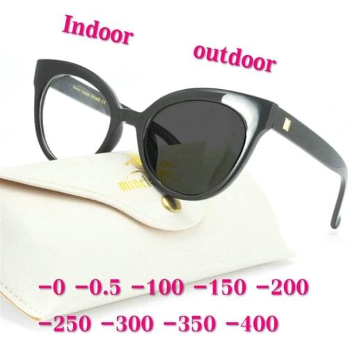 2019 Women Cat Photochromic Finished Myopia Glasses Photosensitive Anti-glare Change Color Lens Prescription Glasses UV400 NX