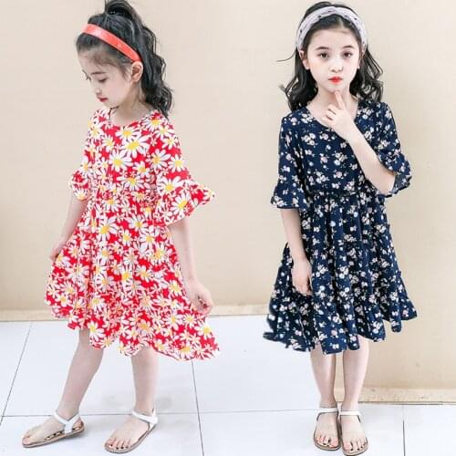 Summer Dress For Girls Floral Printed Girls Party Dress Children Clothes Poplin Girls Flower Dress DT115