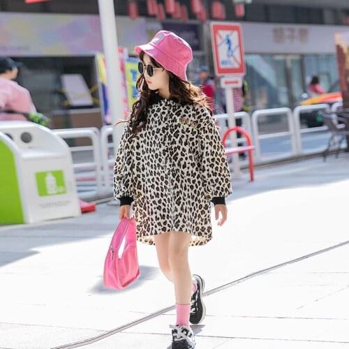 Teenager Lapel Printed Leopard Print Sweater Spring 2021 New Teenager Cotton Dress For Kids Casual Loose Top