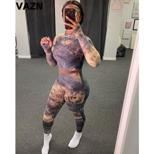 VAZN 2020 Autumn New High Quality Plus Size Retro Knit Set Full Sleeve Top Long Pants Skinny Tracksuits Women 2 Pieces Set