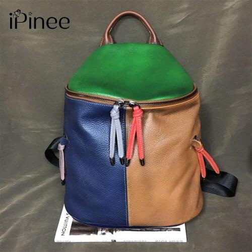 IPinee Vintage Patchwork Real Leather Women Backpacks Travel Shoulder Bags School Pack Retro Color Plaid Functional Pockets