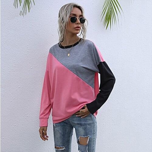 Contrast Color Patchwork Long Sleeve Hoodies Women Autumn Casual Loose O Neck Streetwear Ladies Pullovers Fashion Tops