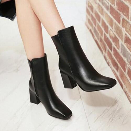 Square Toe Autumn Winter Boots Women Zip 7CM Square High Heels Ladies Shoes Plus Size 34-43 Mid Calf Martin Rain Boots Footwear