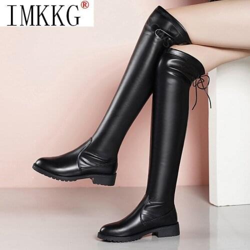Winter Boots Pu Leather Women Over-the-knee High Long Boots Womens Low Heel All-match Thin Elastic Boots Round Toe Botas Black