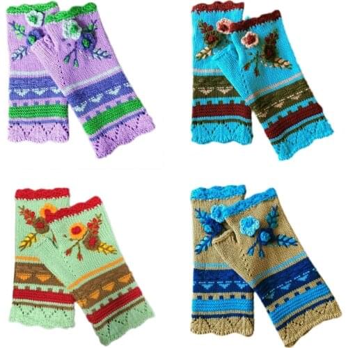 Women Winter Chunky Knit Texting Fingerless Gloves Ethnic Vintage Multicolor Striped Crochet Floral Thumb Hole Mittens