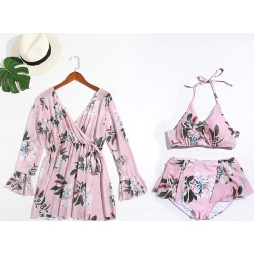 Swimsuit Ladies Bikini 3 Pieces Set Floral Pattern Halter Neck Cashool Irregular Hem Half Sleeve Body Cover Elegant Beach Summer