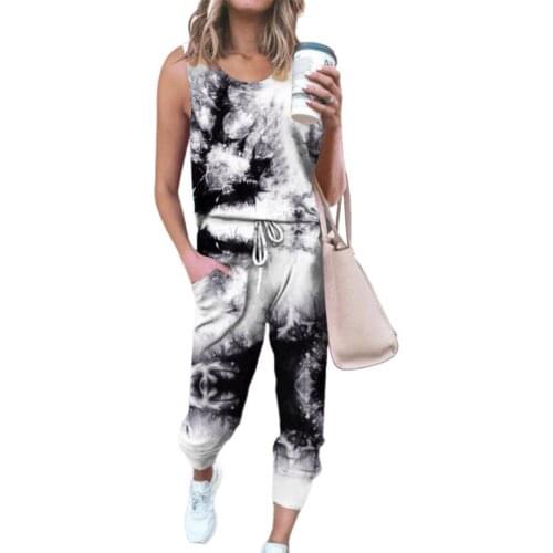 Women Outfit O Neck Tank Top Drawstring Pants Two Pieces Set Tie Dye Vest Pants Tracksuit for Spring/Summer