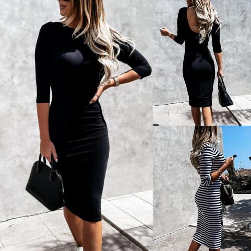 Business Shift Ladies Dress Striped Printed Autumn Bodycon Sexy Dress Black White Work Wear Women Midi Trumpet Dress D30