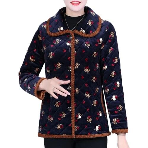 Mother Winter New velvet Casual Warm Jacket Middle-Aged Elderly Single-Breasted Printing Short Fashion Loose Cotton Coat B