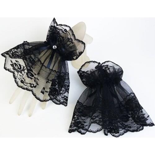 2020 Women Black Lace Wrist Cuffs Bracelets Wedding Rhinestone Bow Fingerless Gloves