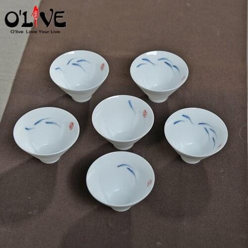 6 Pcs Chinese Kung Fu Tea Sets Porcelain White Ceramic Kungfu Tea Cups Handmade Fish Cups Hand Painted Kung Fu Tazas Tasse