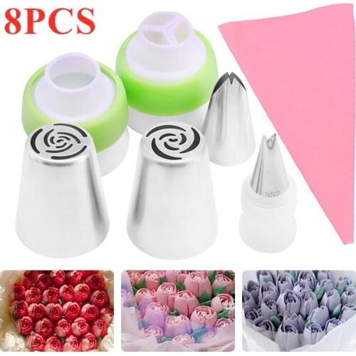 8Pcs/Set Silicone Kitchen Accessories Icing Piping Cream Pastry Bag 4 Stainless Steel Nozzle Set DIY Cake Decorating Tips Set