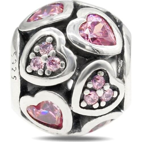925 Sterling Silver Heart Pink CZ Charms fit Original Pandora Bracelets & Necklaces Beads Accessories for Women Jewelry Making