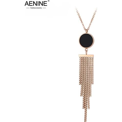 AENINE Bohemia Style Black Acrylic Tassel Pendant Necklace For Women Stainless Steel Wedding Female Necklace Jewelry AN18046