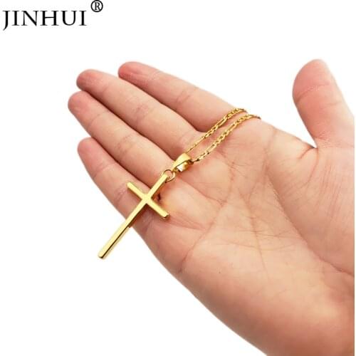 JIN HUI 2019 New Fashion jewelry Gold Color crucifix Jesus Religious Cross Necklaces Pendant for Women/Men Christian length 45cm