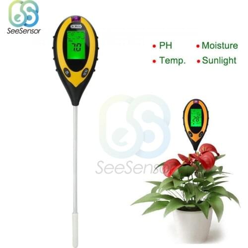 4 In 1 Digital PH Meter Soil Moisture Monitor Temperature Sunlight Tester With Blacklight For Gardening Plants Farming