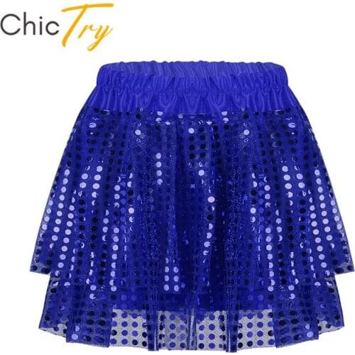 ChicTry Kids Girls Shiny Sequins Stage Performance Dance Costume Children Elastic Waistband Latin Jazz Dancing Tiered Tutu Skirt