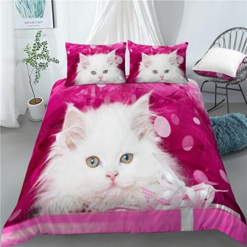 Home Living Luxury 3D White Cat Print 2/3Pcs Soft Duvet Cover and PillowCase Kids Bedding Set Queen and King EU/US/AU Size