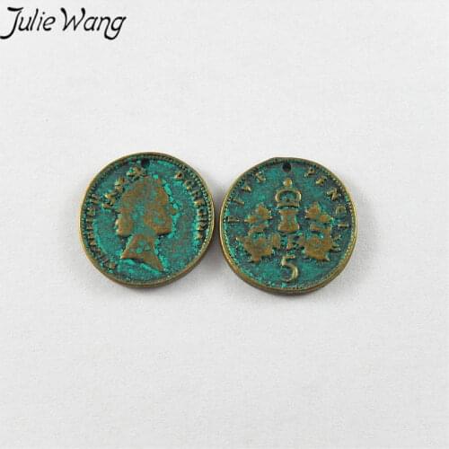 Julie Wang 20pcs Antique Green Bronze Alloy Imitation 5 Pence Charms For Necklace Pendants Findings Jewelry Making Accessory