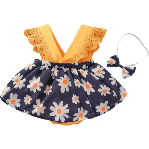 2021 0-12M Newborn Baby Girl Romper Dress Summer Sweet V Neck Floral Print Patch Lace Sleeveless Sundress+Headband 2pcs