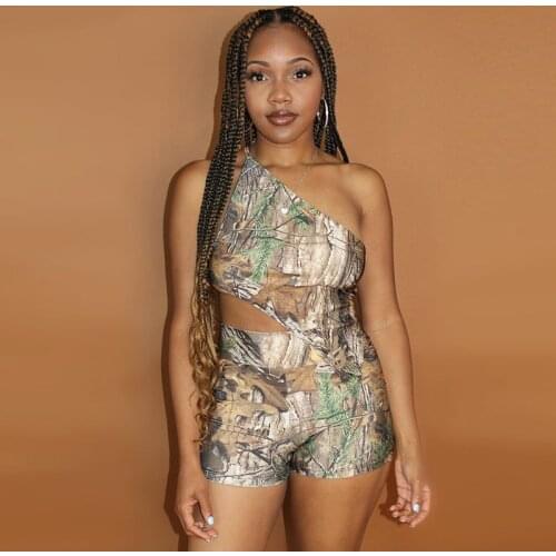 2 Piece Sets Womens Outfits Abstract Printed One Shoulder Sling Irregular Backless Crop Tops +Shorts Summer Vacation Clothes