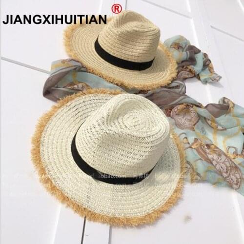 Summer Women Natural Wide Brim Burr Raffia Straw Hats Fringe Women Plain Large Beach Sun Caps Big Straw Cap chapeau