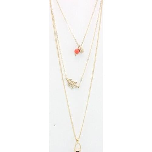 2016 new beads pencil stump natural stone necklace leaf triple layer pink bullet stone long necklace for women