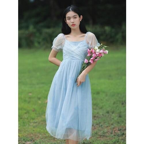 Summer New Womens Japanese-Style Girl Pastoral Style Young Net Yarn Mid-Length Dress Puff Sleeve Travel Holiday Dress