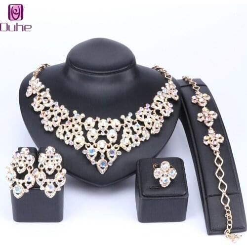 OUHE Luxury AB Color Crystal Bridal Jewelry Sets Dubai Gold Color Fashion Wedding Jewelry Necklace Bracelet Earrings Ring Sets
