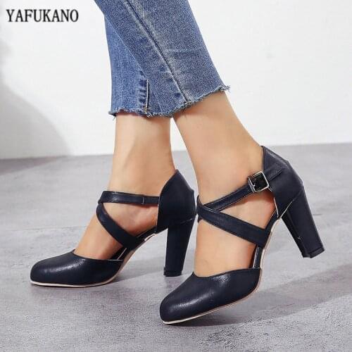 Summer Women Sandals High Heels Leather Shoes Fashion Square Heel Round Toe Cross Leather Belted Plus Size Retro Shoes