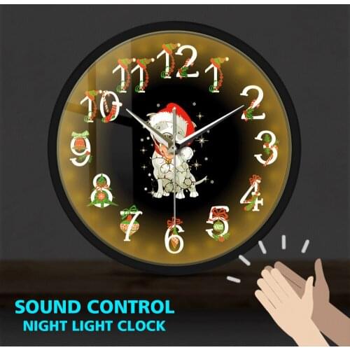 Happy Christmas Pitbull Dog Metal Frame LED Wall Clock Sound Control Puppy Pitmas Modern Design Watch Clocks Home Decoration