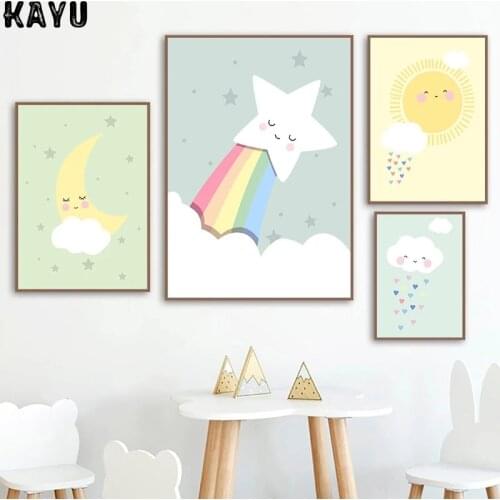 Nordic Style Sun Moon Stars Dark Clouds Rainbow Picture Baby Nursery Cartoon Wall Art Poster Childrens Room Decoration Painting