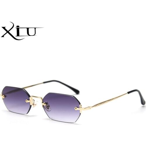XIU men rectangle sunglasses rimless octagonal small glasses women metal gold polygon blue brown 2021 uv400 frameless