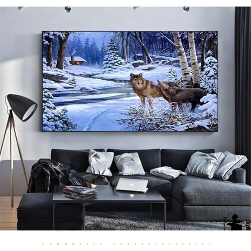 Modern Home Decor Canvas Painting Wall Pictures for Living Room Wolf Snow Winter Forest Streamlet Art Paint Posters and Prints