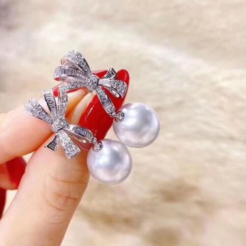 D915 Pearl Earrings Fine Jewelry 925 Sterling Silver Round 9-10mm Nature Fresh Water White Pearls Drop Dangle Earrings for Women