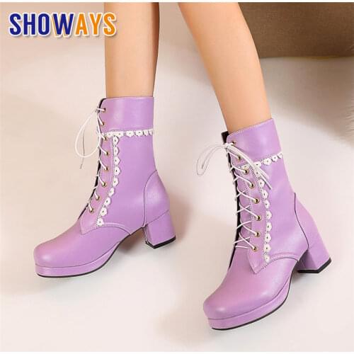 Large Size Cute Women Martin Boots Purple Pink High Square Heel Cosplay Party Ladies Round Toe Winter Lace Lolita Mid-calf Boots