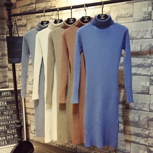 Women Dress 2020 Fashion Autumn Winter Clothes Solid Turtleneck Long Sleeve Sweater Dress Split Midi Bodycon Party Dress Robe